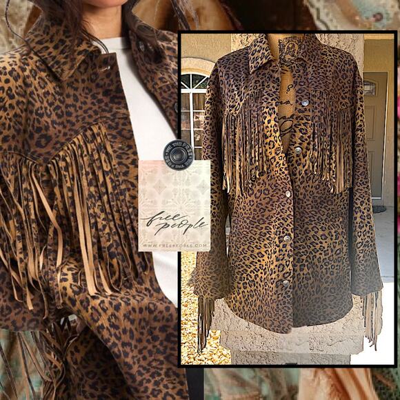 Free People We The Free Fringe Out Vegan Suede Animal Print Jacket Size M - Picture 1 of 10